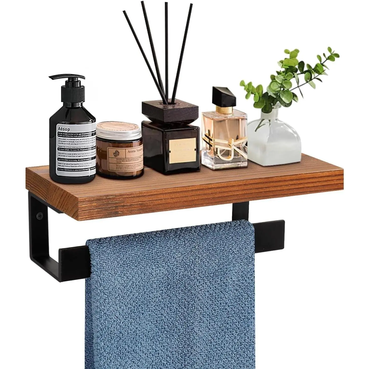 Hand Towel Holder/Towel Ring with Wooden Shelf, Hand Towel Rack, Hand Towel Hanger for Bathroom, Bath Accessories Wall Mounted, (Matte Black, 9"-Squ Shaped)