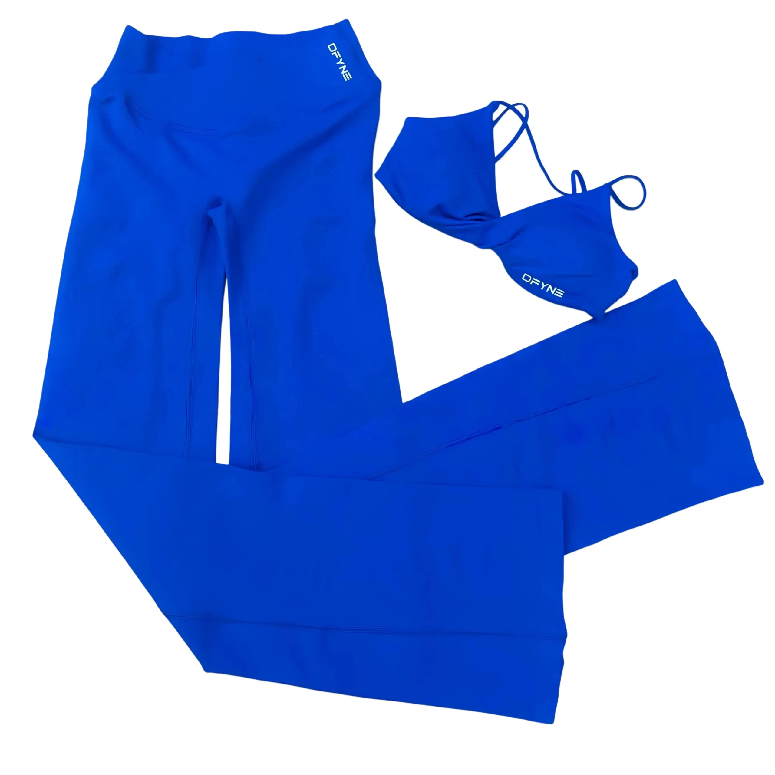 DFYNE Seamless Matte Sports Bra Built-in Pads Twisted Straps + Criss Cross Flare Pants Matching Set