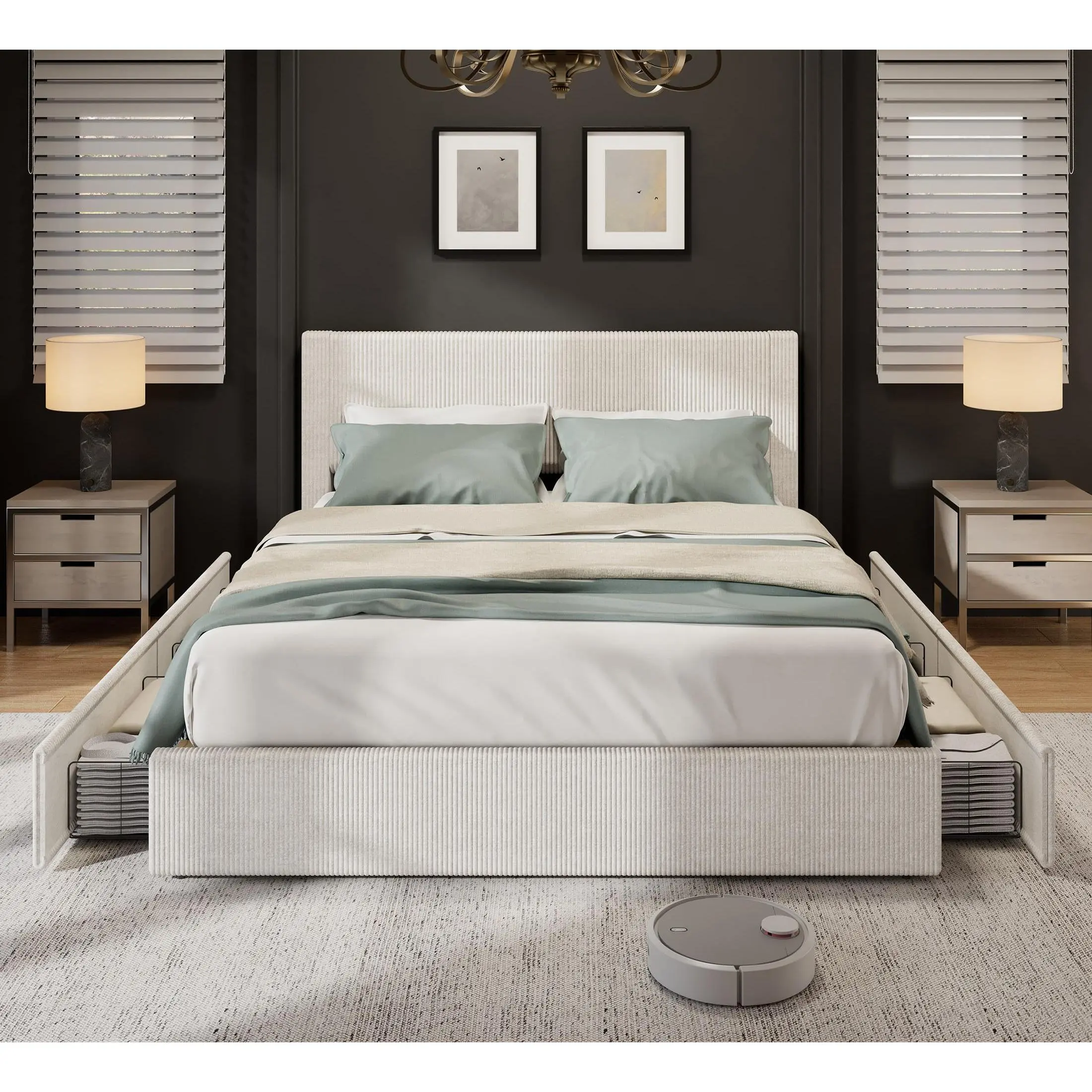 Queen Corduroy Bed Frame with 4 Storage Drawers – Wingback Tufted Headboard, Solid Wood Slats, No Box Spring – Beige/Black/Brown