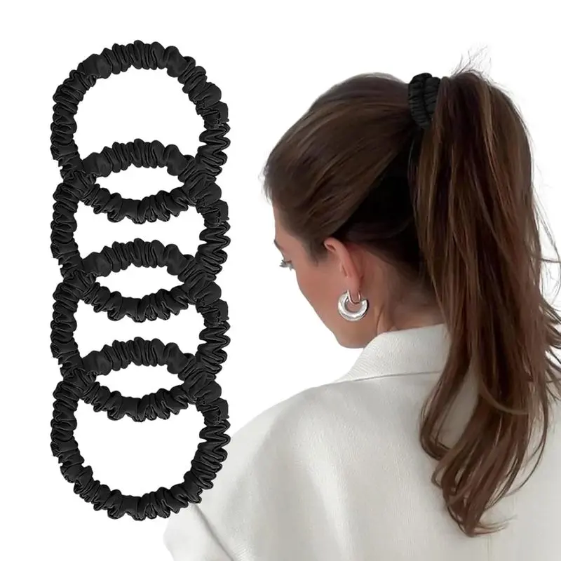 Women's 4-Pack Non-Slip Black Small Thin Silk Scrunchies, Silk-Like Sleep Ties with Thick Hair Hold