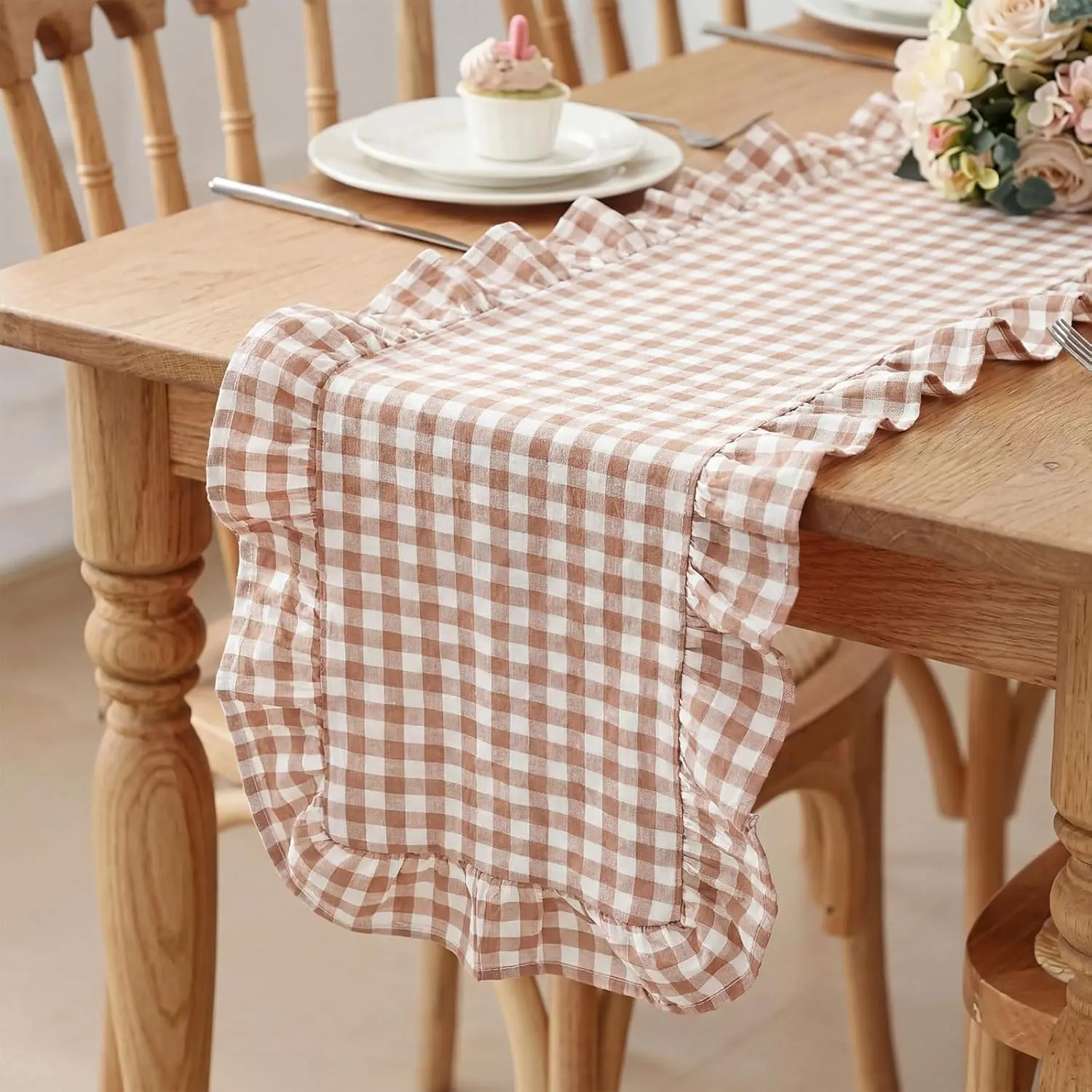 1 count Light Grey  Gingham Ruffle Table Runner 72 x 13.8''  Table Runner   Scalloped Long Dresser Scarves for Dining Room, Wedding, Kitchen Rustic  Decor