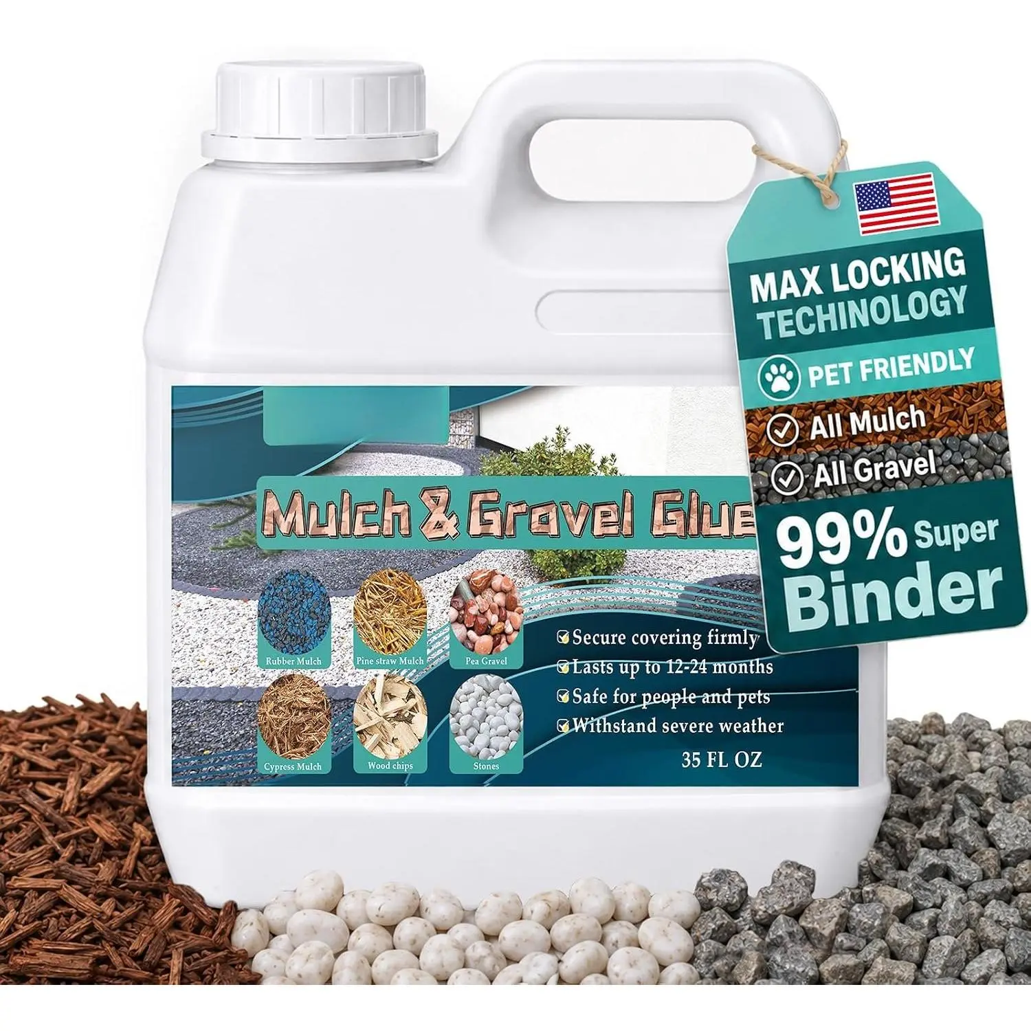 35OZ Mulch & Rock Glue for Landscaping,  Drying Lockdown Sticky Rock Glue, Reliable and  Gravel Binder for Rocks, and Pea Gravel, Lasts up to 12-24 Months