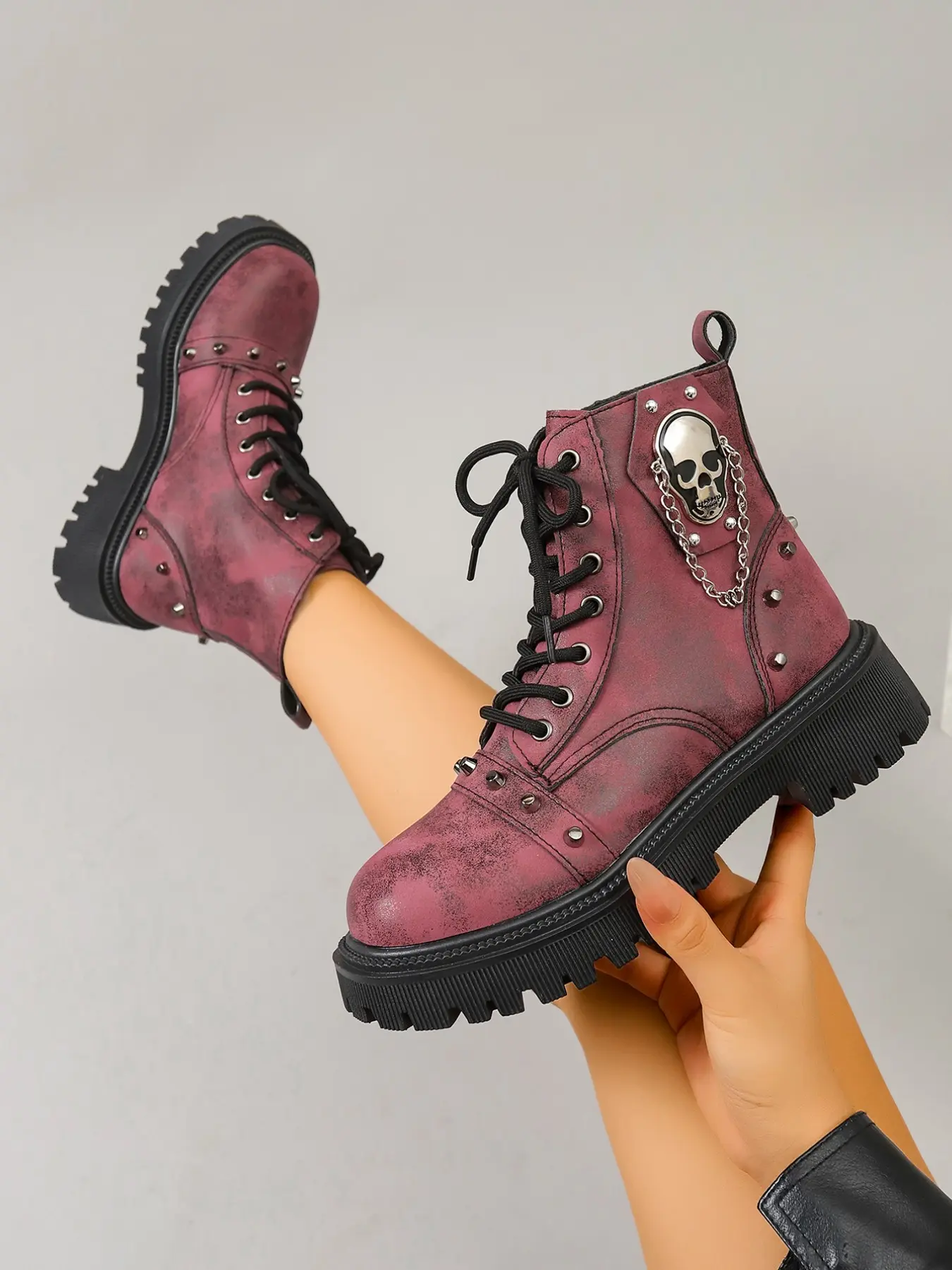 Punk Skull Chain Rivet Women's Boots, Fall Winter Thick Sole Height Boost Colorblock Short Boots, Cool Motorcycle Style Lace-Up Work Boots