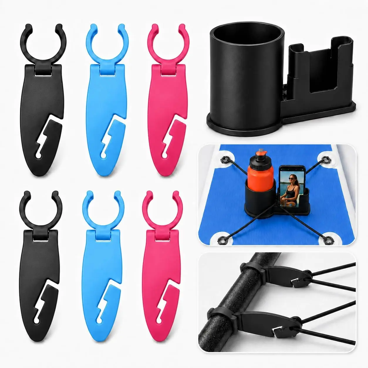 6-piece set with rope tie, 1 cup and paddle holder, paddleboard clips, surfboard straps, kayak drink and phone holder, paddleboard cup holder and phone holder set, for securing various kayak and paddleboard accessories, easy to install clips.
