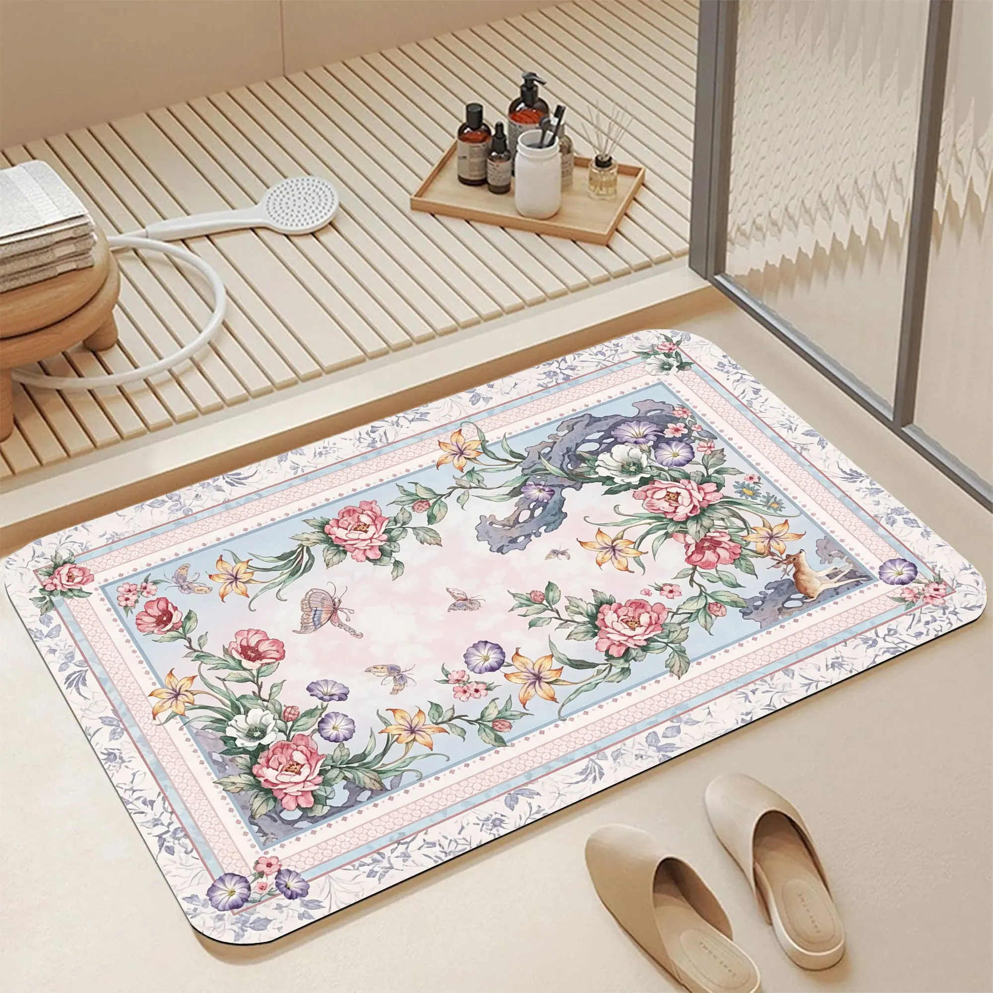16*24 Inch Chinoiserie Watercolor Peony Butterfly Deer Framed Diatomite Bath Mat, Fast Water Absorbent Non-Slip Quick Dry Bathroom Rug, Pastel Gradient Sky Floral Vine Lace Border Print, Stain Resistant Washable Cottagecore Grandmillenial Coquette Shower