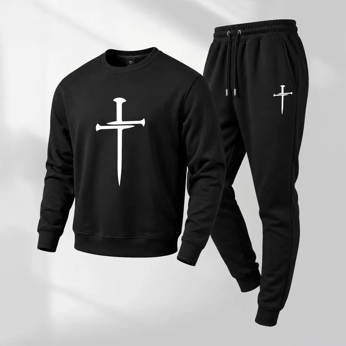 Men's 2-Piece Cross Graphic Tracksuit Set | Casual Round Neck Sweatshirt & Drawstring Joggers | Loose-Fit Minimalist Outfit for Lounge & Daily Wear, Menswear