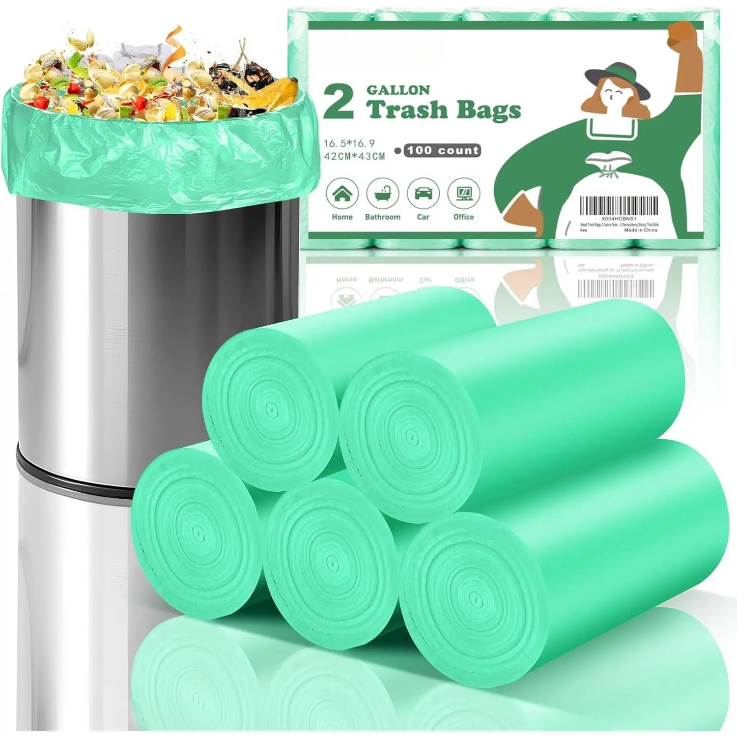 Small Trash Bags 2 Gallon Green- - Mini Garbage Bag For Bathroom Can Unscented  Kitchen Office   Basket Liners Compostable 100 Count   Thick Bulk