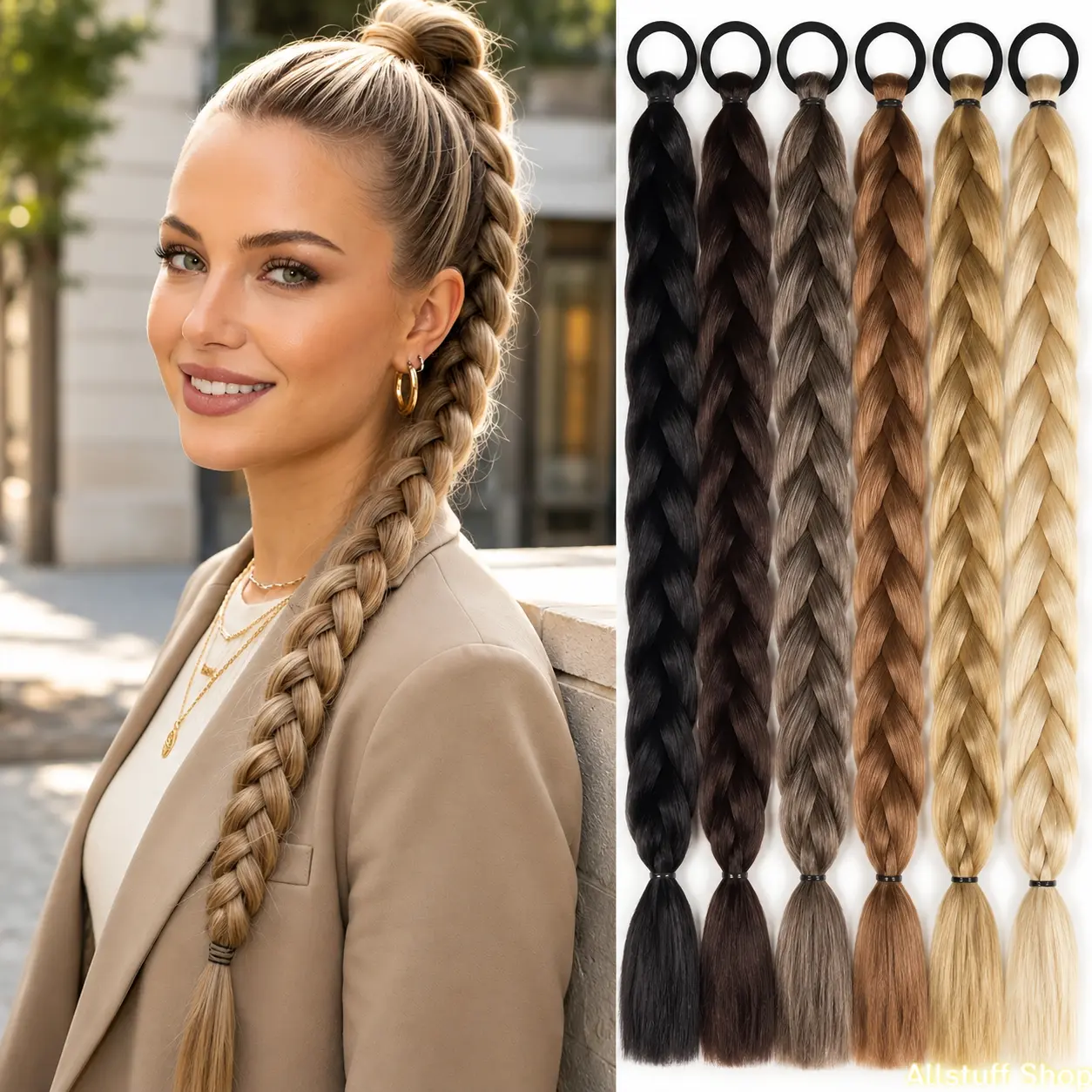 Female Long Length Synthetic Hair Braided Ponytail Extension, Heat-Resistant Elastic Band Hair Piece for Daily Wear, Party