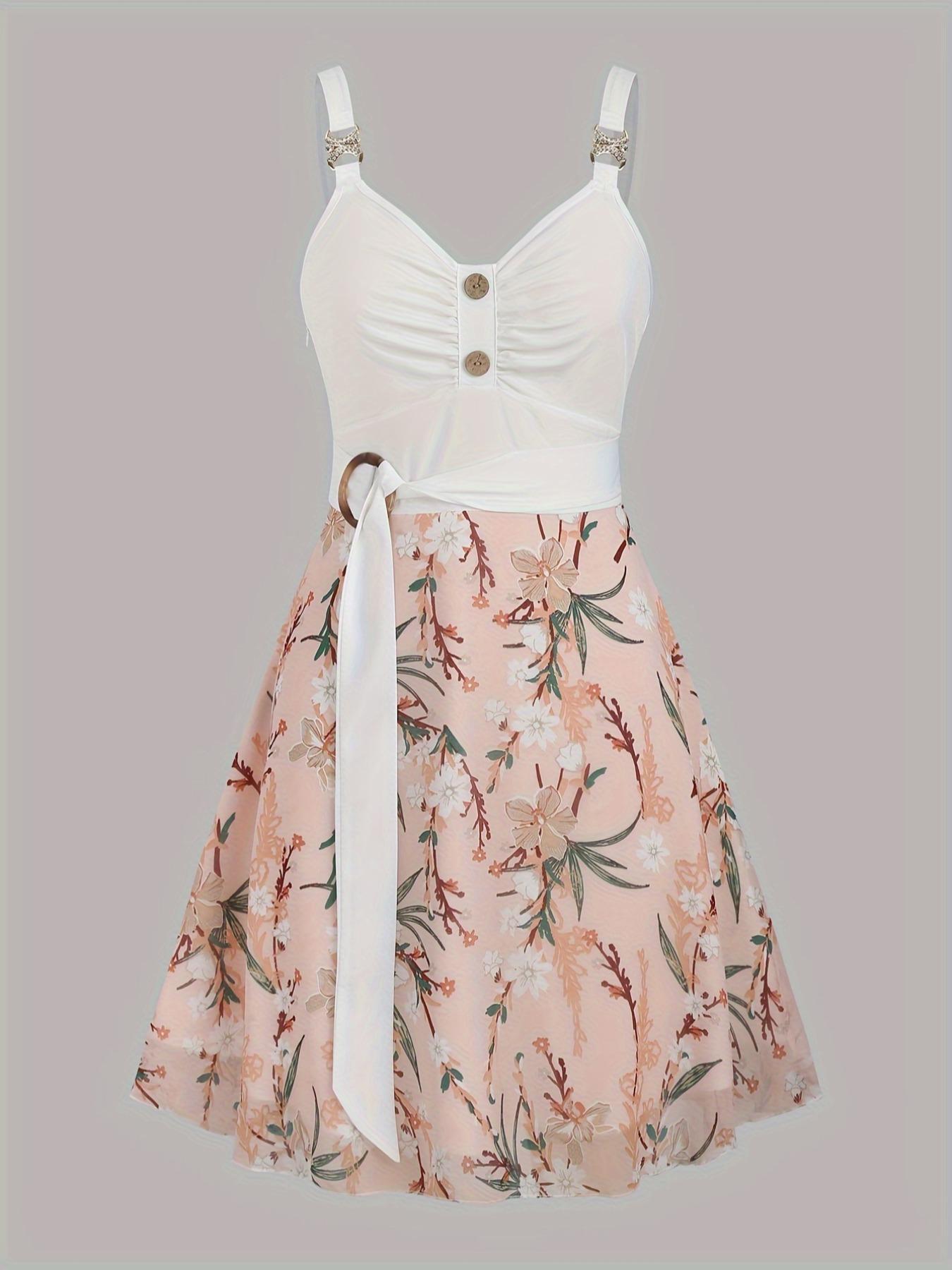 Women's Colorblock & Floral Print Buttons Ruched O-ring Draped Cami Dress, Casual Vintage Fashion Sleeveless Short A Line Dress for Summer, Ladies Clothes for Beach Holiday Vacation, Comfort Womenswear, Tiktop Shop