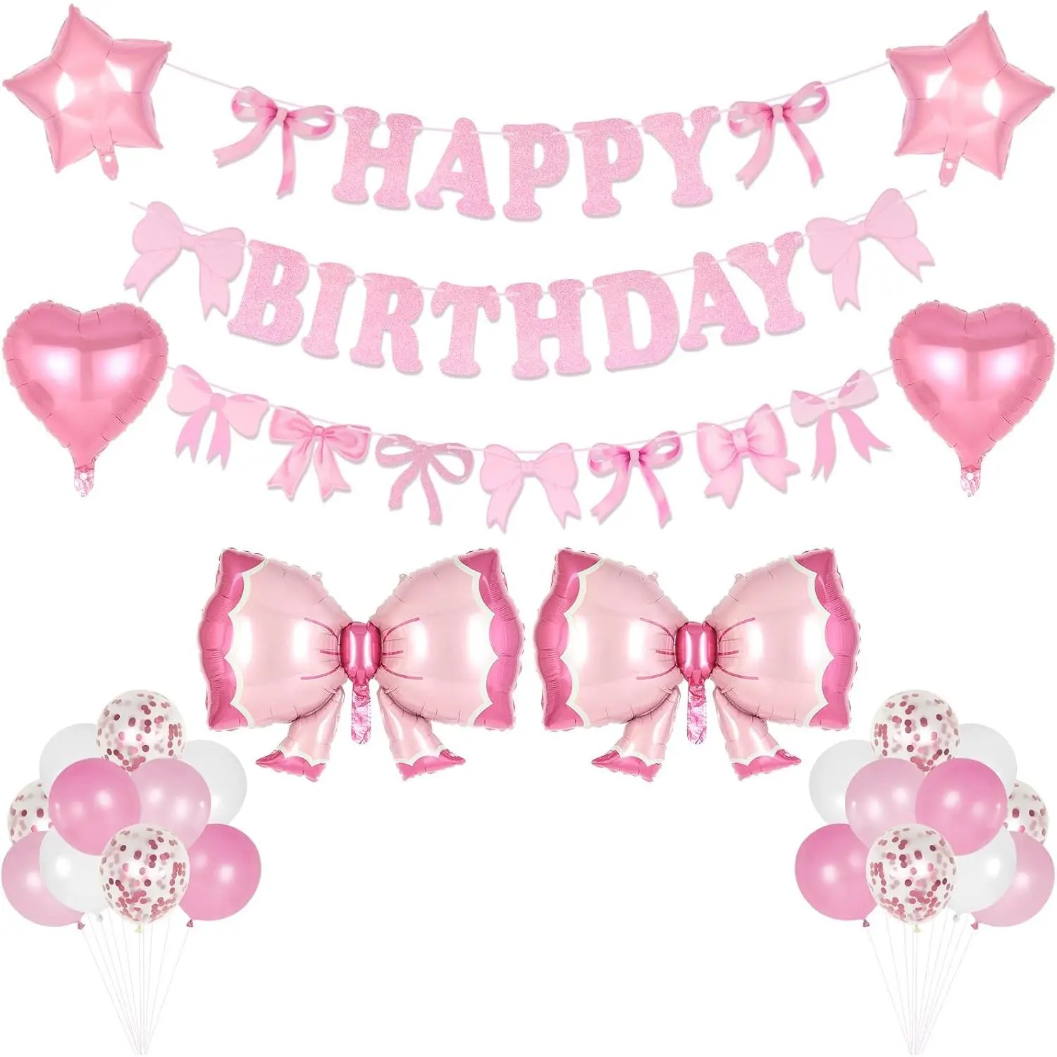 Bow Birthday Party Decorations, Bows Happy Birthday Banner with Latex Balloons,  Bow Garland Balloon for Women Girl  Birthdays Supplies