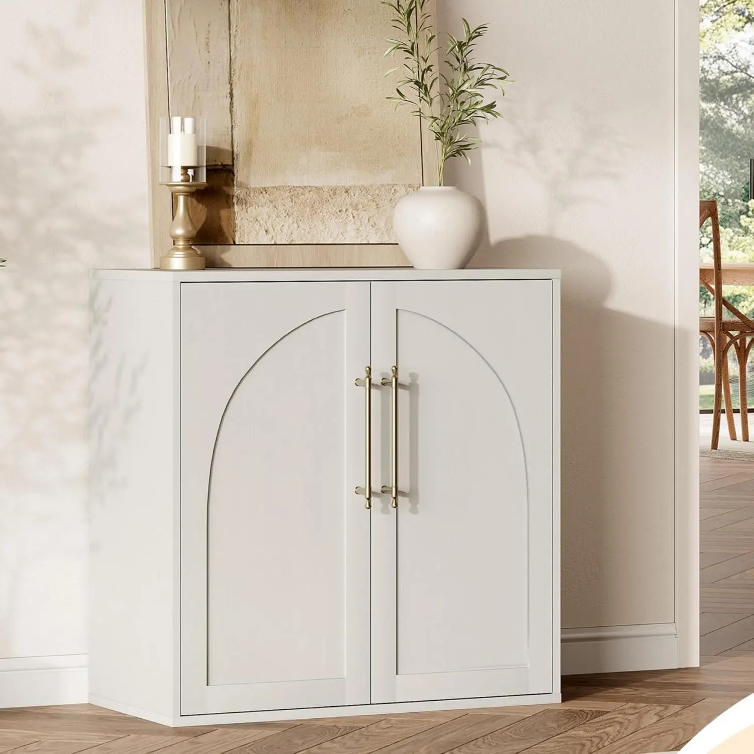 Modern Farmhouse Arched Storage Sideboard Cabinet with 2 Adjustable Inner Shelves, Anti-Tip Heavy Duty Credenza Media Console for Living Room Kitchen Coffee Bar Bedroom Multi-Purpose Storage