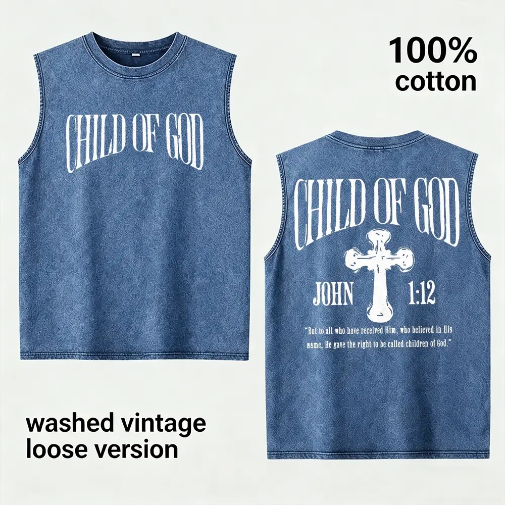 Men's Vintage Washed Tank Top Child Of God Cross Graphic Muscle Shirt 100% Cotton Faith Christian Sleeveless Tee