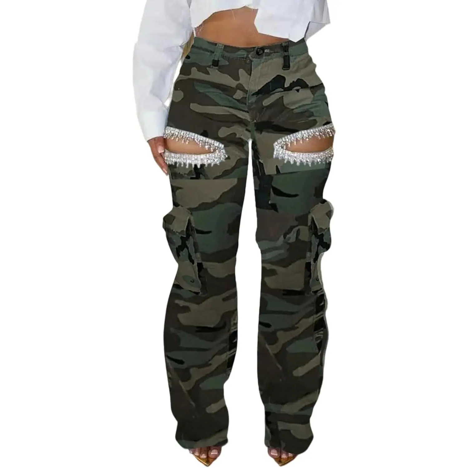 LETSVDO Women's Rhinestone Cargo Jeans High Waisted Wide Leg Baggy Sexy Ripped Cut Out Distressed Stretch Denim Pants