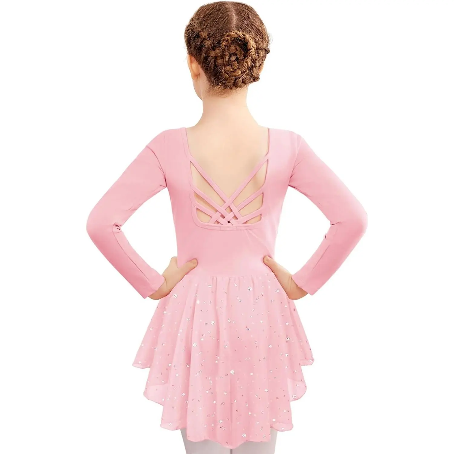 Girls Ballet Leotards with Shinny Skirts Long Sleeve Crisscross Back Dance Dress Outfits