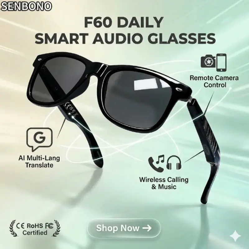 SENBONO  Smart Glasses with Open-Ear Headphones and AI Translation、Wireless calling, music，voice assistant, remote camera shooting- Perfect for Work, Travel, and Active Lifestyles!