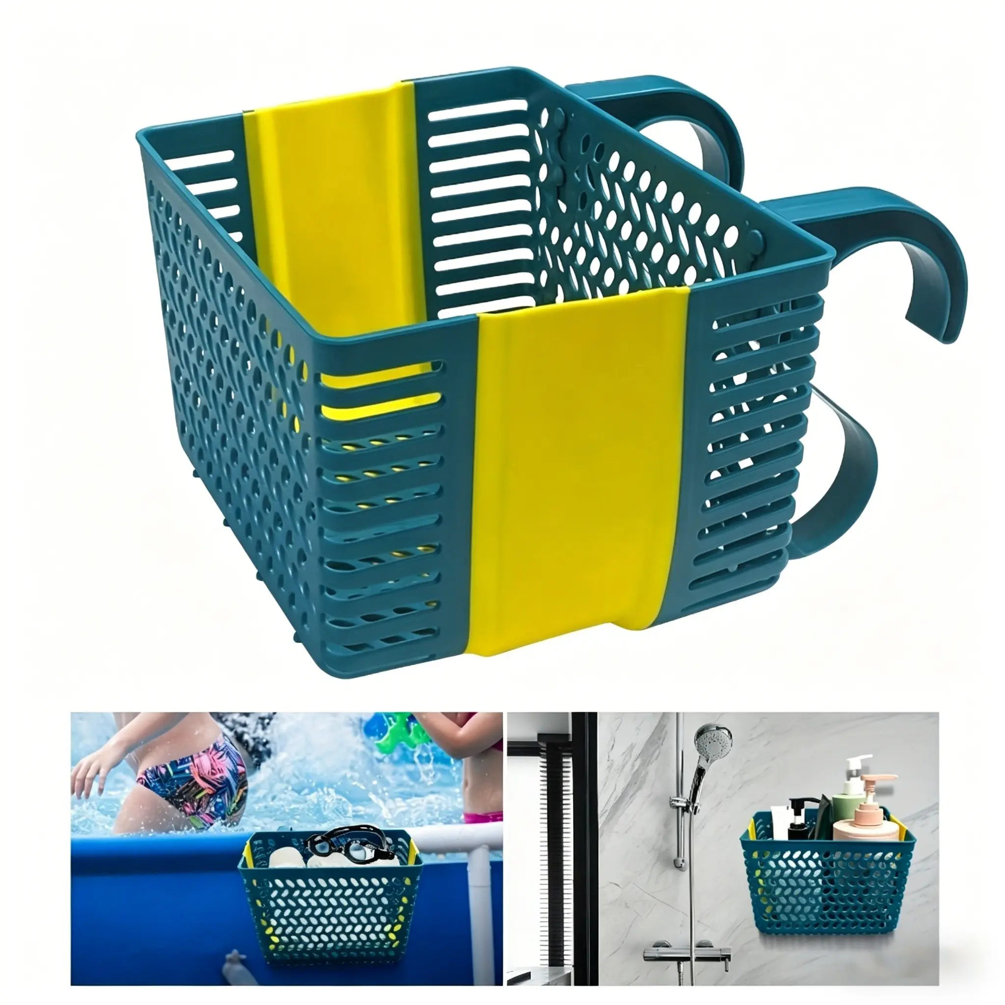 Summer Swimming Foldable Wall Suction Poolside Plastic Storage Basket with Detachable Hooks & Carry Rope, Space-Saving Above Ground Pool & Bathroom Organizer, Poolside Storage Baskets, Multifunctional Pool Accessories Holds Pool Toys, Drinks & Sunglasses