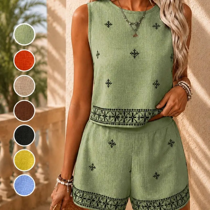 Women's Elegant Boho Bohemian Embroidered Two-Piece Set, Casual Chic Set, Sleeveless Top & High-Waisted Shorts, Casual Vacation Wear for Beach, Summer Womenswear