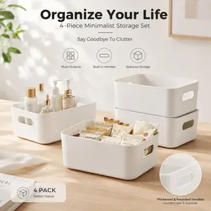 4Pcs Simple Plastic Storage Baskets. Modern minimalist style with practical handles for easy access. Multi-purpose white baskets for home, office and bathroom use.