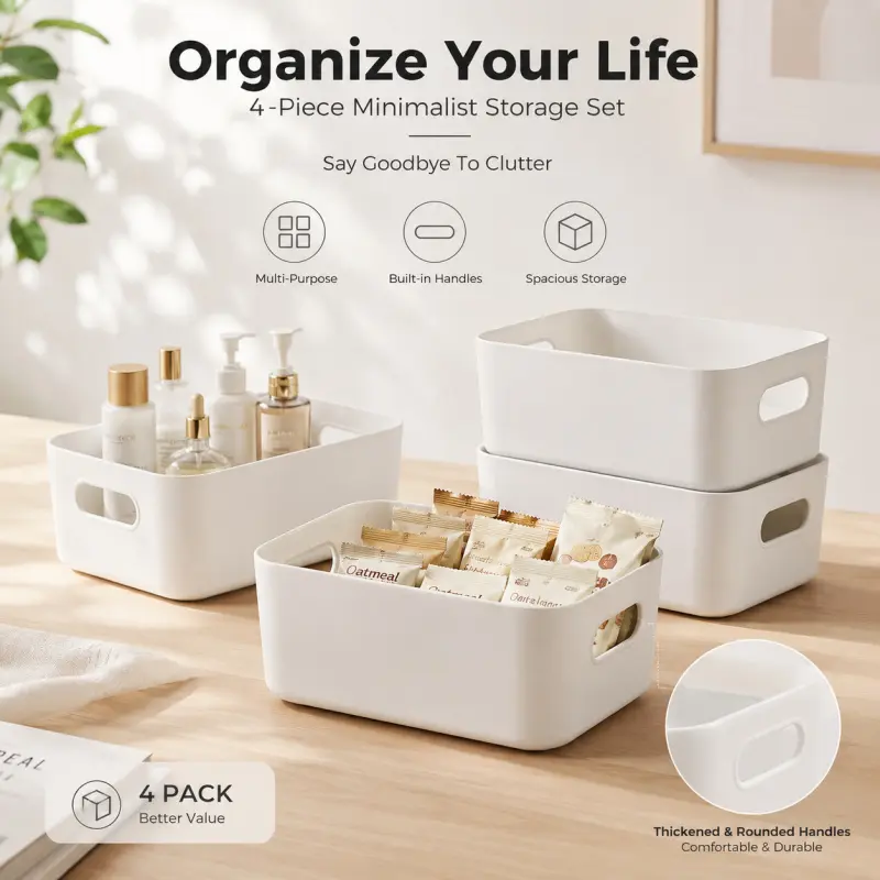 4-Pack Minimalist Plastic Storage Baskets with Handles, White Multi-Purpose Organizer Bins for Home, Office & Bathroom