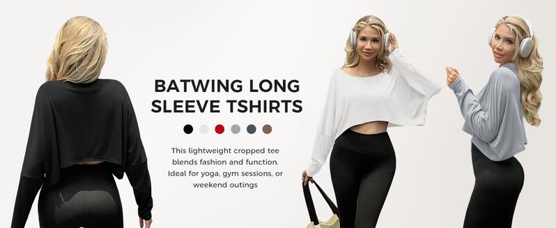 Womens Off The Shoulder Cropped Tops Batwing Long Sleeve Loose Fit Summer Boat Neck Workout T Shirts