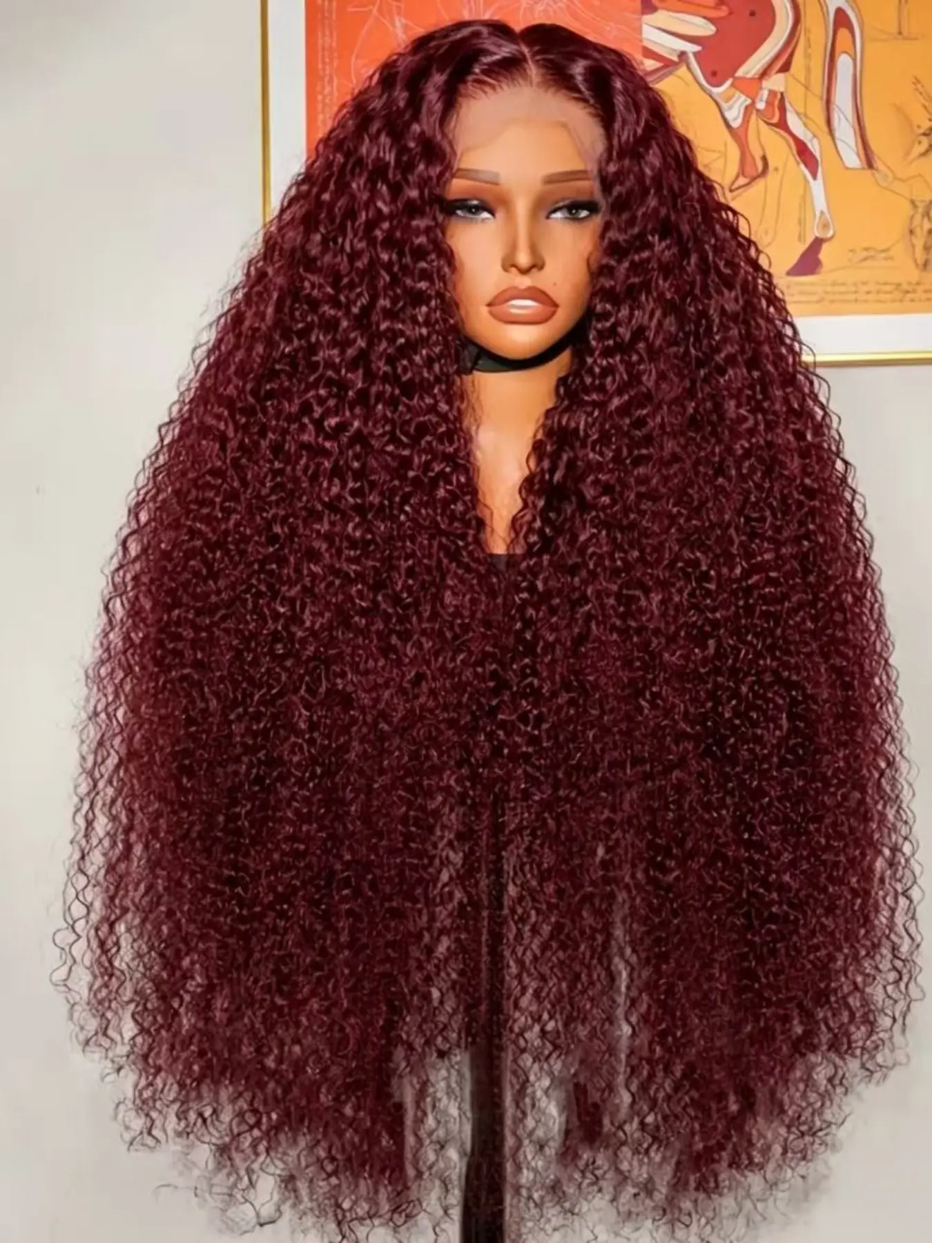 180%Density 26Inch Lace Frontal Wigs Long Wine Red Color 99J burgundy Color Long Preplucked Colored Kinky Curly Wigs Soft Glueless Heat Resistant Comfortable Wear Black Women's Daily Wigs With Baby Hair