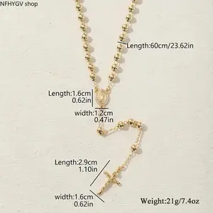 Slim Minimalist Women Catholic Jewelry Featuring Our Lady of Guadalupe Figure, Rosary Bead Details And Cross Pendant, Smooth Gold Plated Surface Creates Elegant Vibe, Timeless Religious Necklace Perfect For Everyday Wear And Religious Present Gift Styling