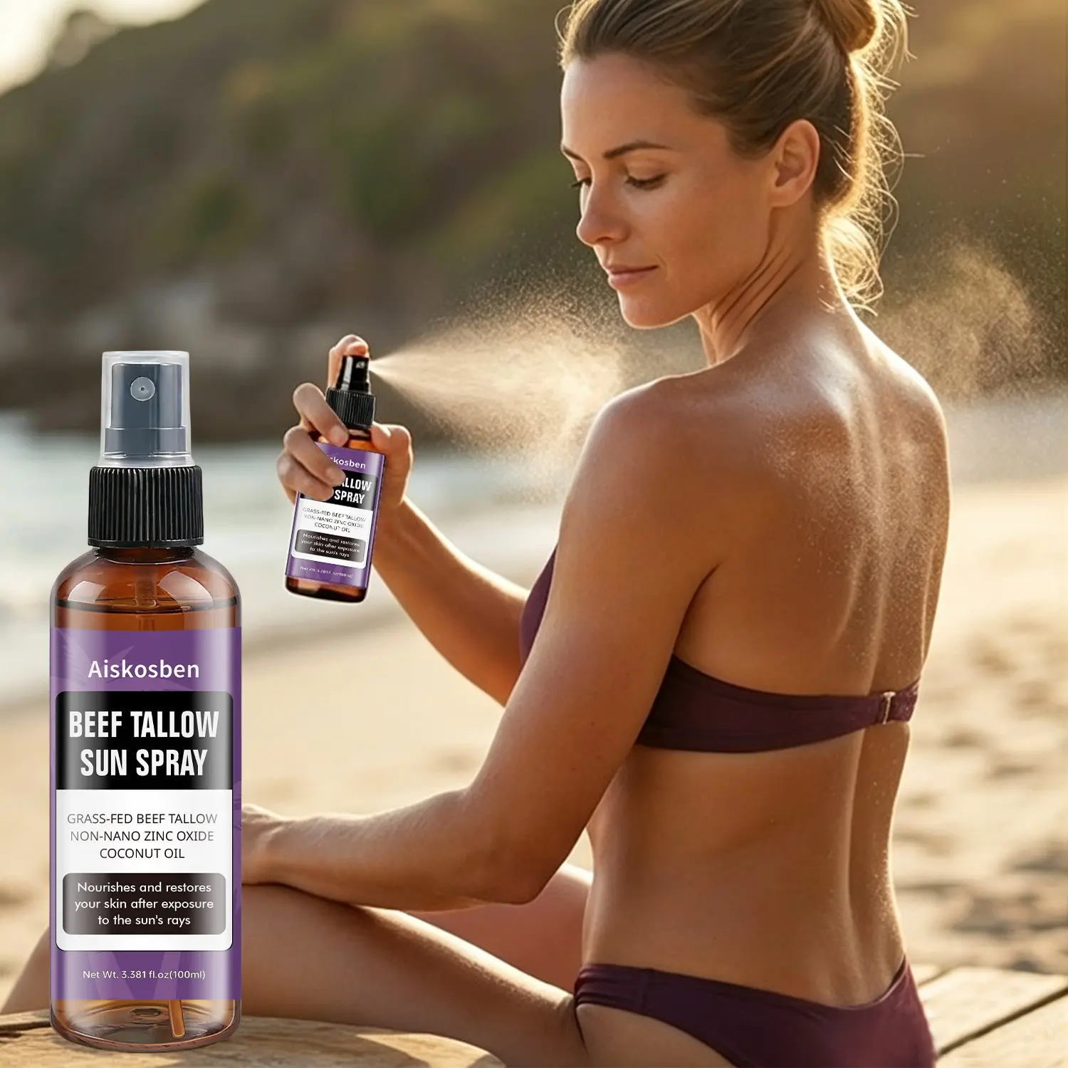 Grass-Fed Beef Fat Sunscreen Spray, Non-Nano Zinc Oxide Coconut Oil Mineral SPF, Sensitive Skin Repair, Outdoor Sun Protection, 100ML