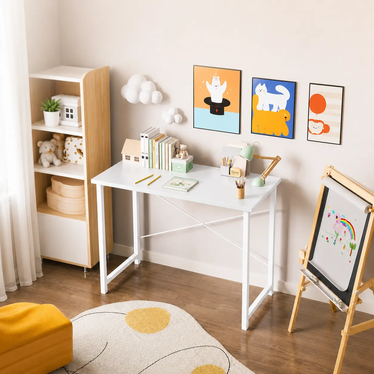 32-Inch Modern White Computer Desk, Compact Home Office Study Writing Table with X-Shaped Steel Frame, Sturdy Wooden Tabletop, Small Space Workstation for Bedroom, Dorm, Apartment & Office, Easy Assembly Space-Saving Design