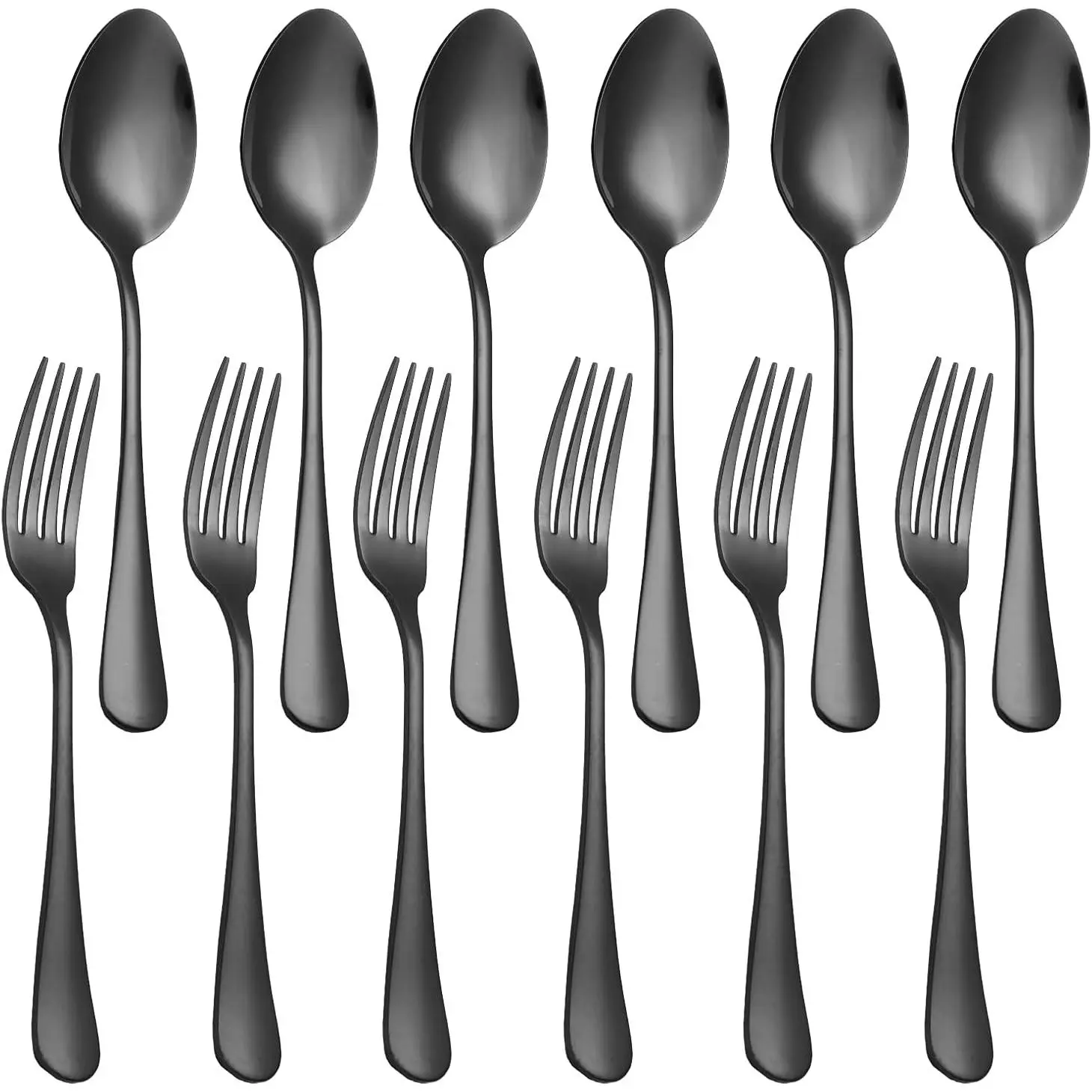 BoDoux 12-Piece Stainless Steel Cutlery Set - 8in Heavy-Duty Forks, 6.7in Spoons, Dishwasher Safe, Black Table Top Silverware