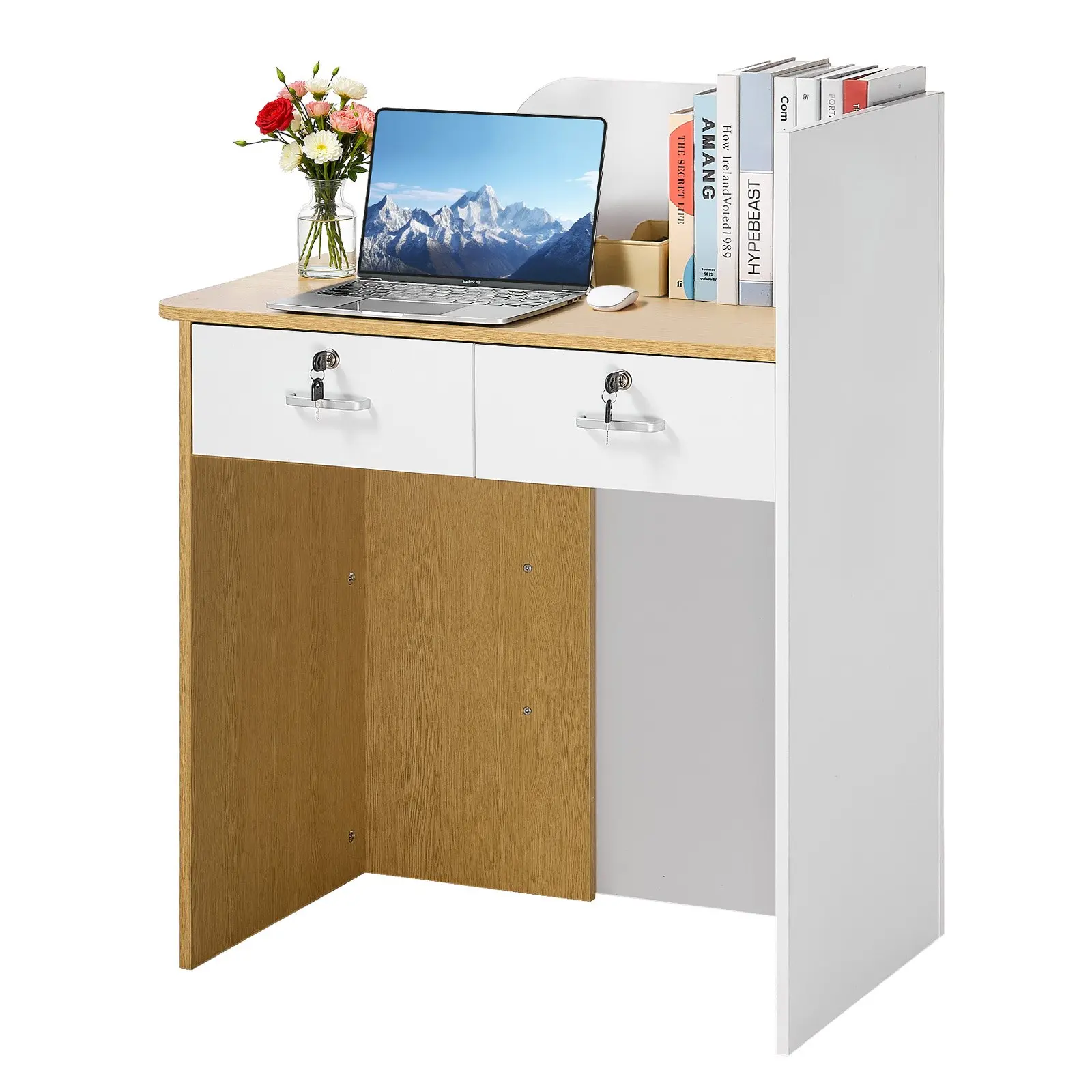 VEVOR Commercial Office Reception Desk, 31.5in Rectangular Front Counter Table with LED Lights, 2 Drawers, Power Outlets, for Checkout Lobby, Beauty Salon