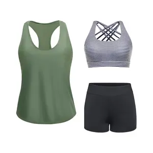 Aqua Eve Three Piece Athletic Tankini Swimsuits for Women with Swim Tank Tops with Boy Shorts and Sports Bra Modest Bathing Suit