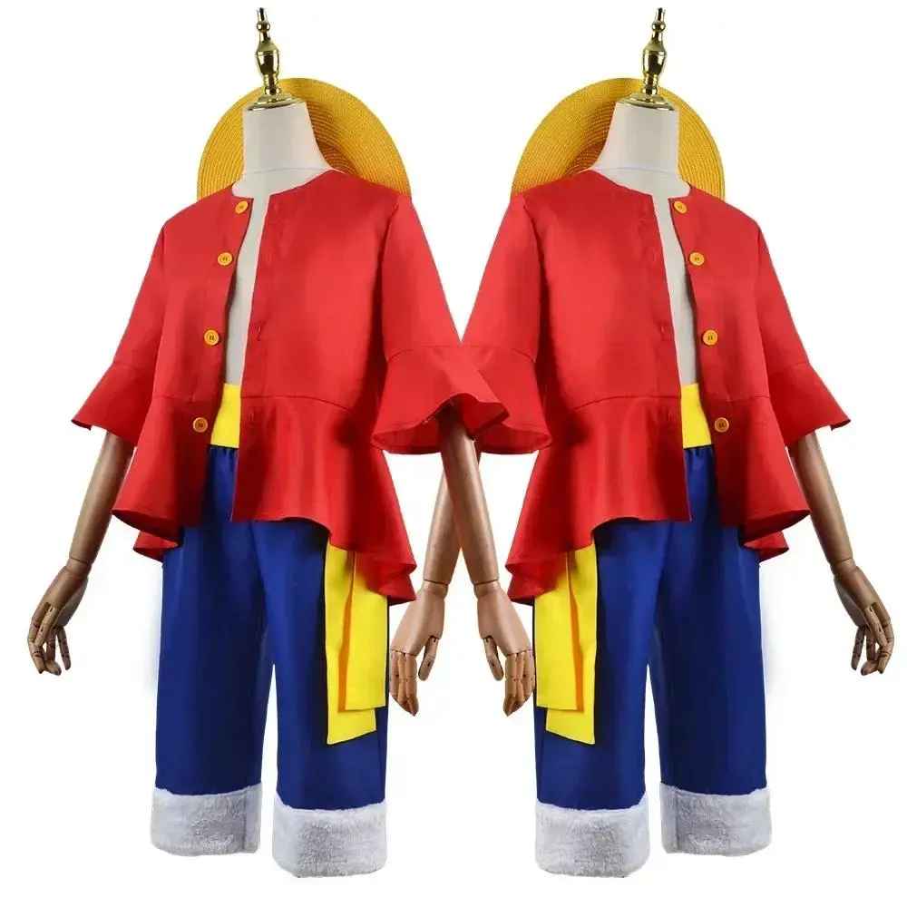 Women's & Men's Anime Monkey D. Luffy Cosplay 2-Piece Set - Polyester Full-Length Top & Pants, Multi-Size Hats, Halloween Clothes, Menswear Gifts