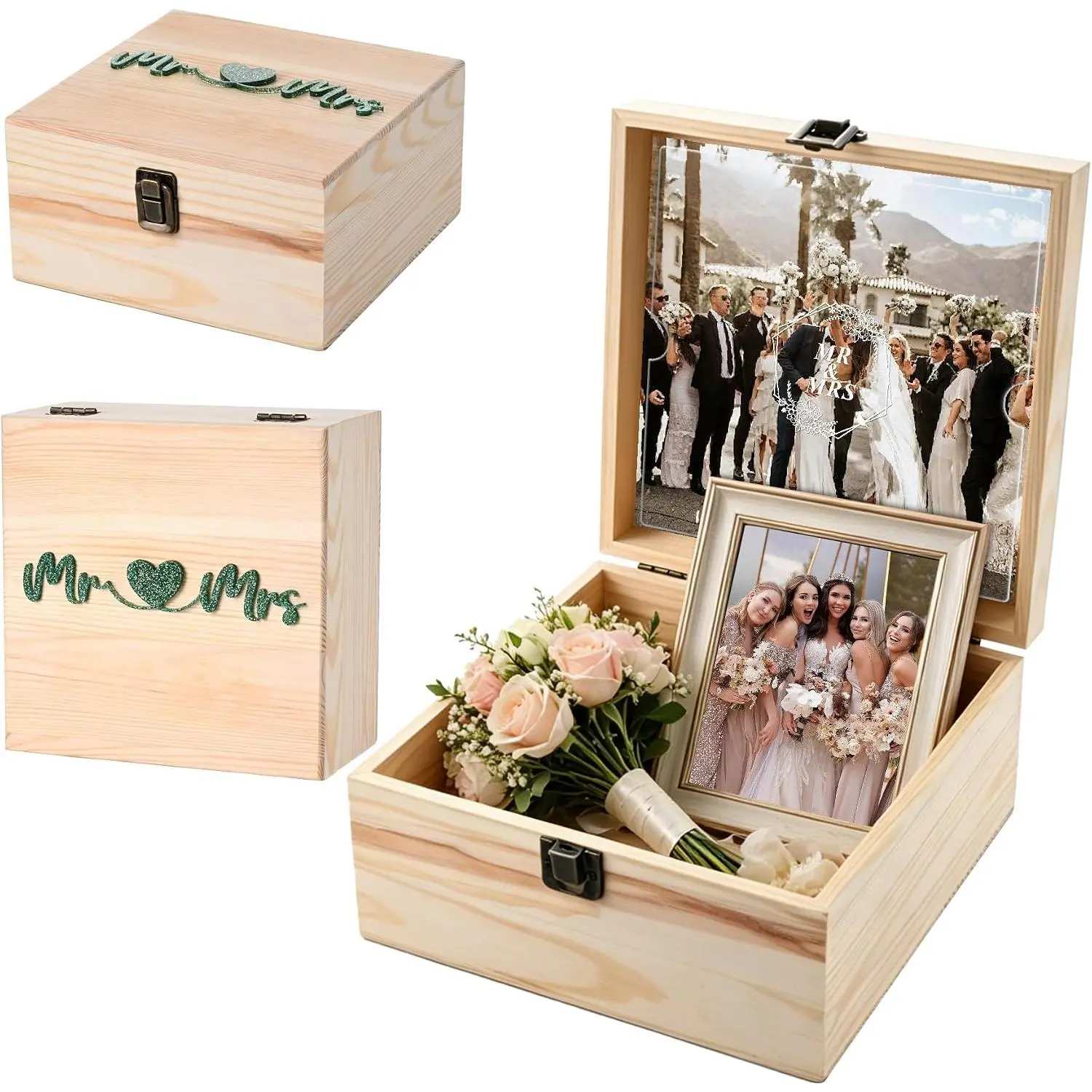 Square Wooden Keepsake Organiser Box with Hinged Lid, Photo Slot, 7.6x7.6x3.9" - Elegant Wedding Memory Storage for Photos, Letters, Time Capsules, Bride Gift