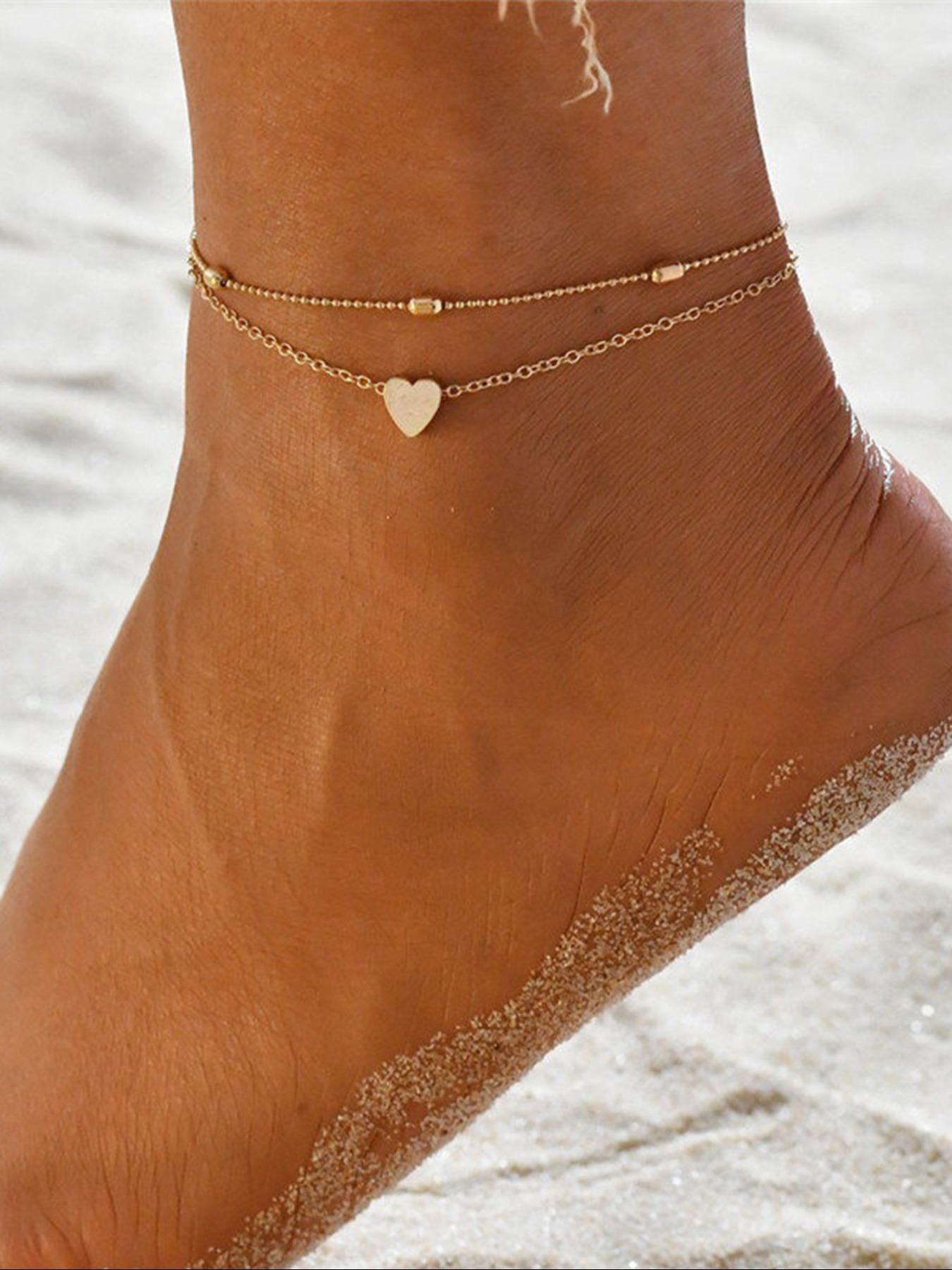 Women's Summer Beach Vacation Heart Design Anklet, Fashionable Simple Star Beaded Ankle Bracelet, Multi-Layer Pearl Chain Jewelry