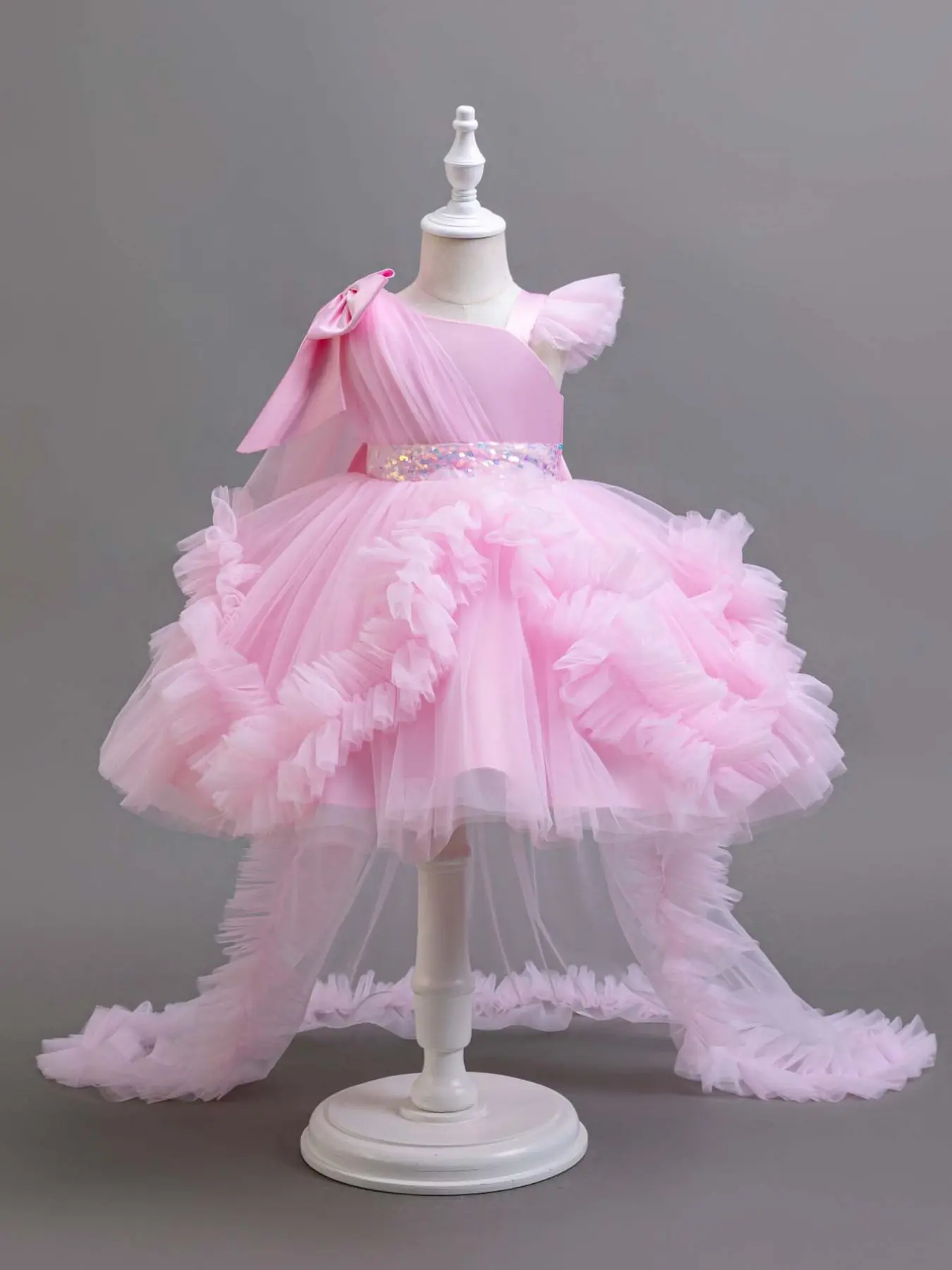Little Girls Long Train Princess Tutu Dress, Luxury Fairy Satin, Sparkle Sequin, Ruffle Layered Tulle, Formal Ball Gown for Toddlers