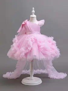 Little Girls Long Train Princess Tutu Dress, Luxury Fairy Satin, Sparkle Sequin, Ruffle Layered Tulle, Formal Ball Gown for Toddlers