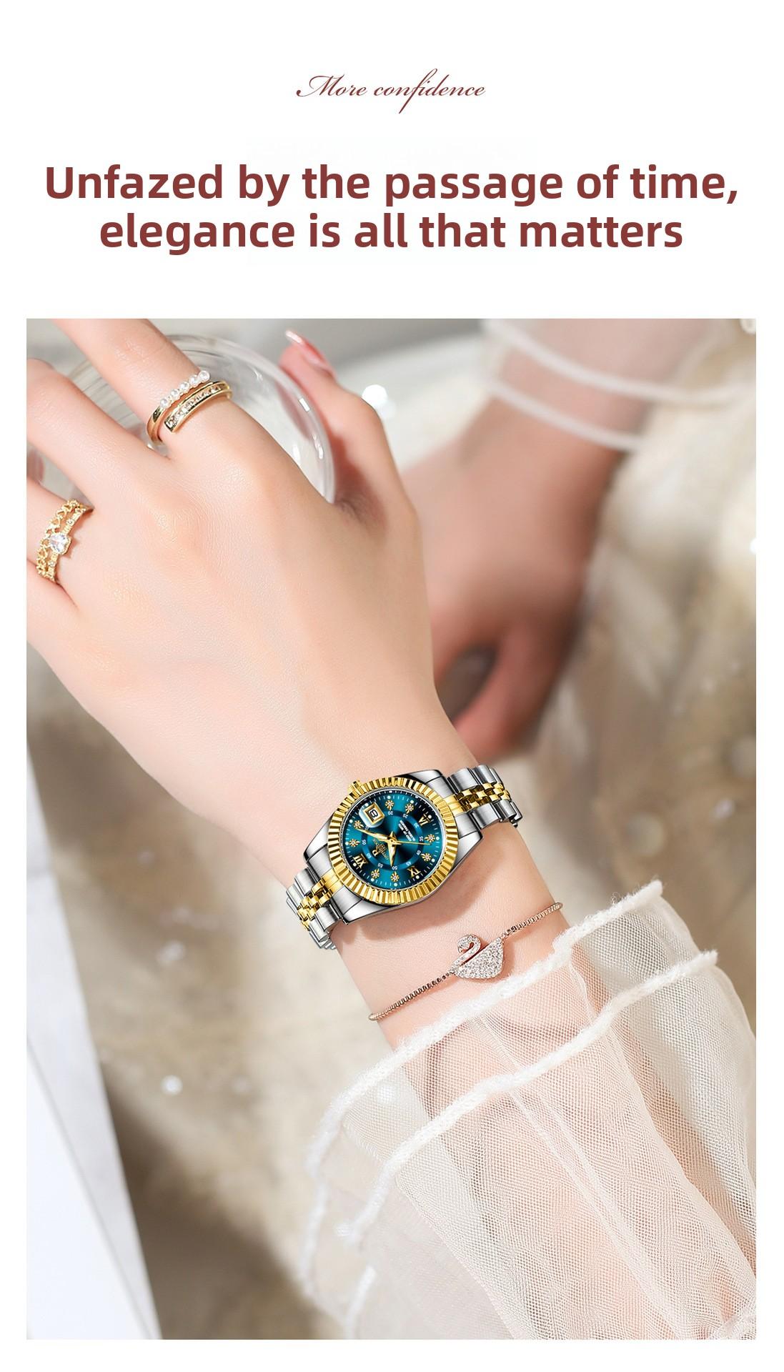 Elegant Women's Luxury Blue Dial Quartz Watch - Two-Tone Gold Silver Stainless Steel Wristwatch with Date, Sparkling Crystal Markers, Roman Numerals, Stylish Dress Watch for Ladies, Perfect Gift for Wife Girlfriend Mom