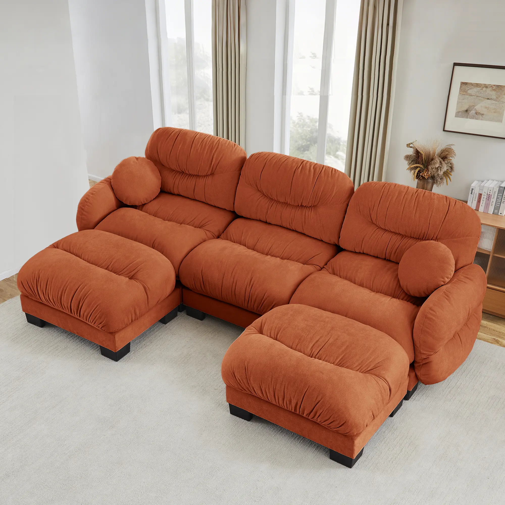 ARCH Modular 3-Seater Chenille Sofa with 2 Ottomans, U-Shape Sectional Couch, Curved Armrests, Pleated Backrest, High-Density Foam Seat, Round Throw Pillows, Orange, Living Room Furniture, Orange Color Options, Chenille Material, 3 Seat Seat Count,sohochi