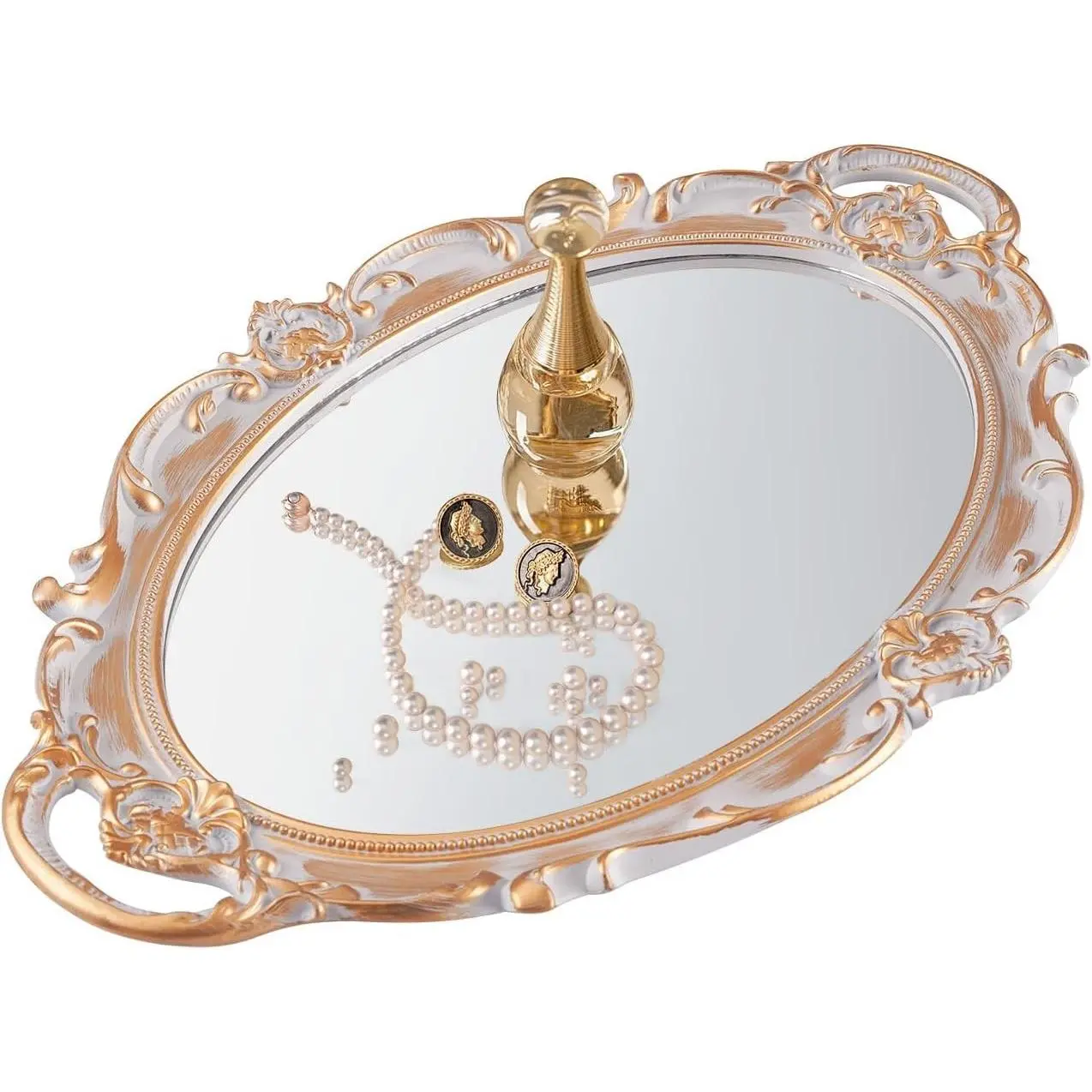 XPXKJ Vintage Gold Oval Mirror Vanity Tray, Decorative Mirrored Glass Tray for Dresser Perfume Makeup Organizer, Coquette Room Decor for Bedroom Bathroom Antique Serving Tray