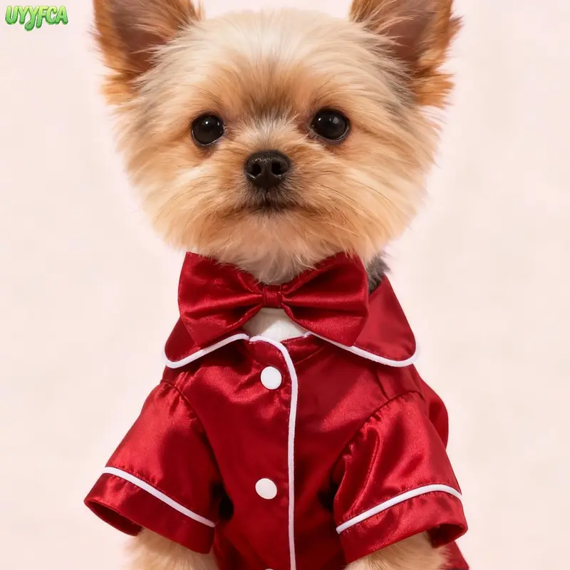 Small Breeds Solid Silk Pet Sleepwear Set - Cute Button-Down Pajamas with Bow Headband, All Seasons Wrinkle-Free Easy-Wear Apparel for Dogs/Cats, Indoor Rest & Pet Photoshoot Use
