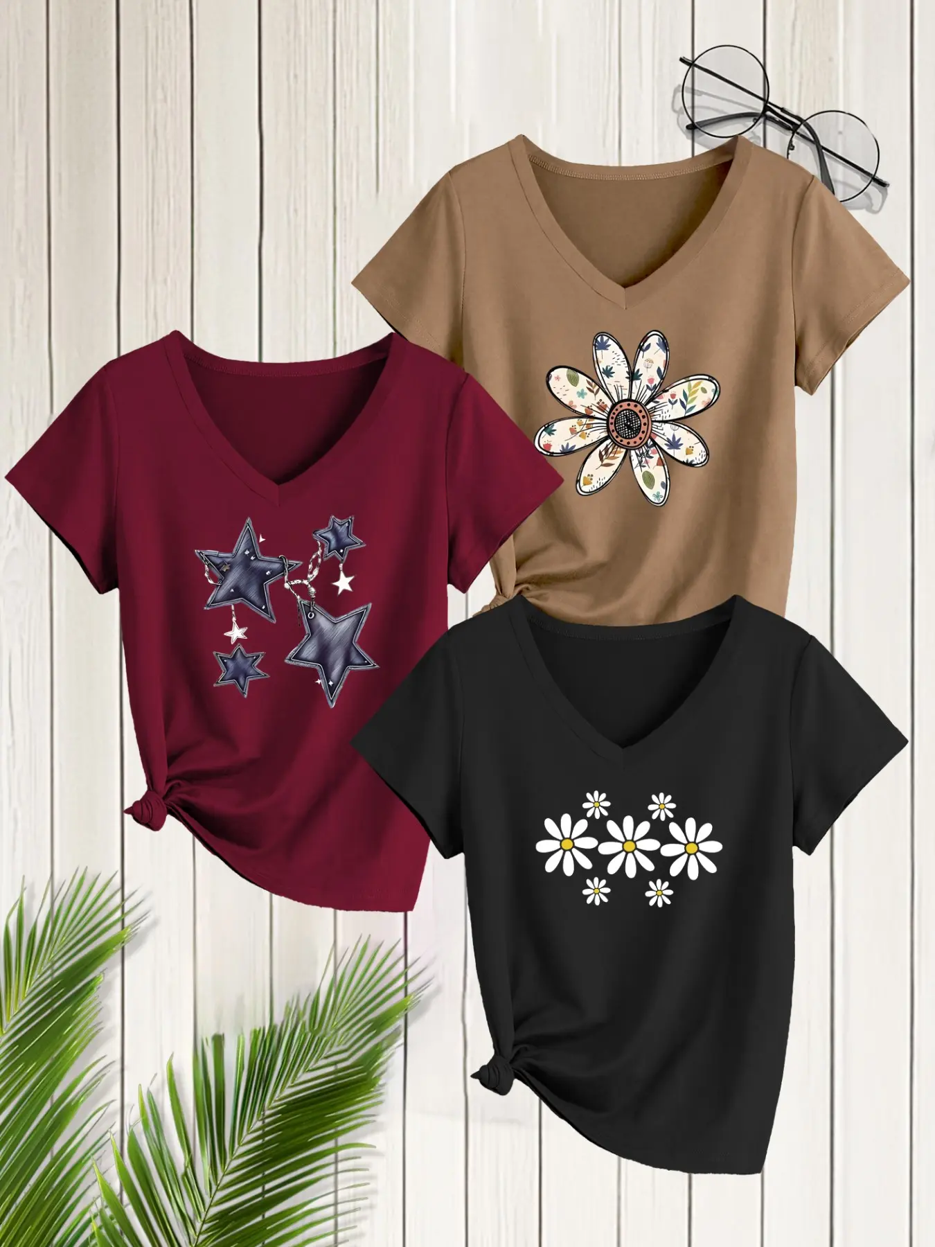 3-Pack Women's Casual V-Neck Short Sleeve T-Shirts, Heart Pattern, Slim Fit, Spring Summer Fashion, Daily Wear, Top