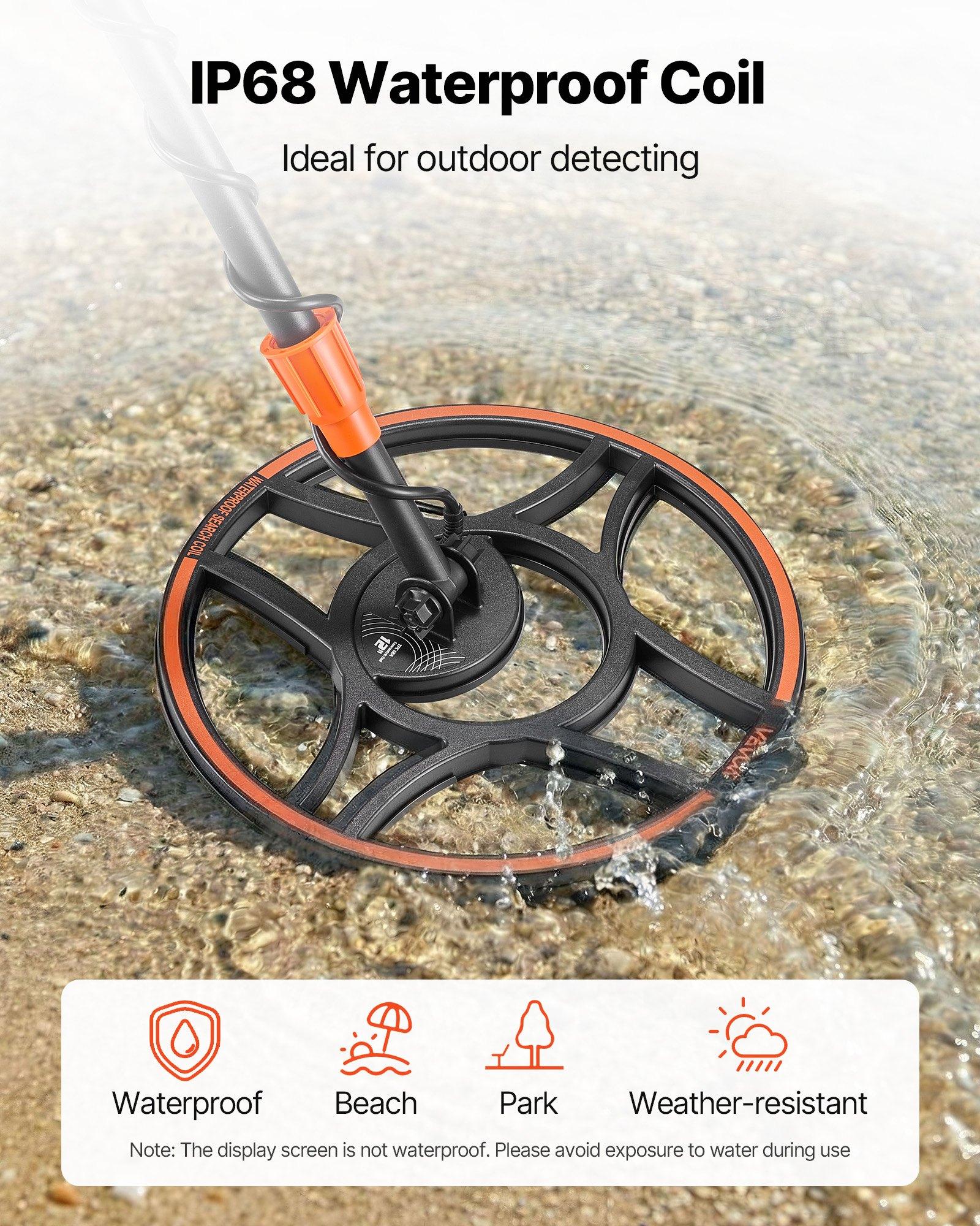 VEVOR Waterproof Metal Detector, 12", Professional High Accuracy Gold Detector for Adults, with Display, Wireless Headphones, 7 Modes, Adjustable Length, for Detecting Gold Treasure Hunting, IP68