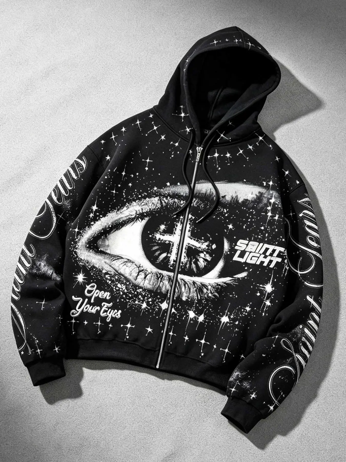 Men's zippered cardigan hoodie, cross pupil printed fleece hooded cardigan coat, Y2K gothic hip-hop street fashion brand warm jacket for men and women.
