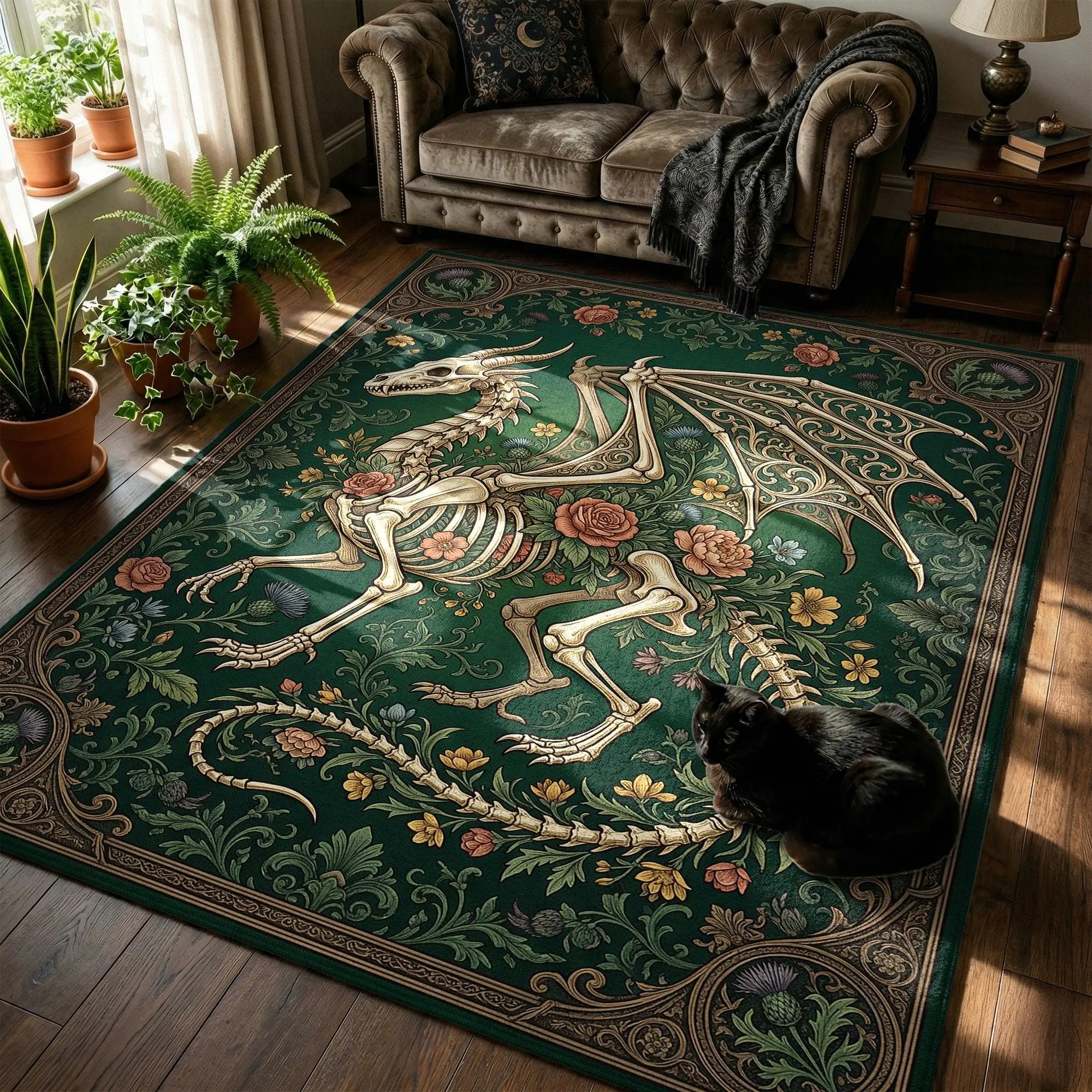 Velvet Gothic Dragon Skeleton Plant Rug, Dark Fantasy Home Decor, Soft Comfortable Rectangular Carpet, Washable Halloween Festival Mat
