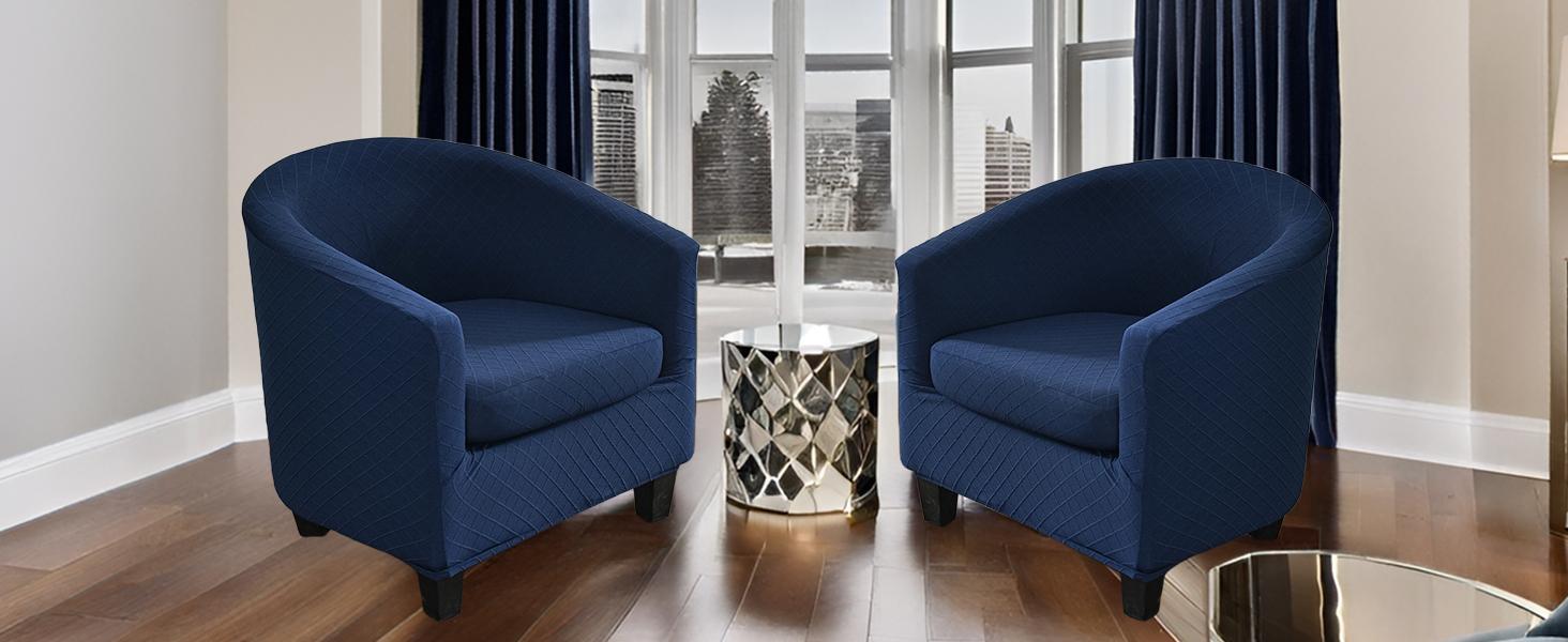 NILUOH Barrel Chair Cover 2 Piece, Stretch Jacquard Club Chair Slipcover, Elastic Armchair Cover for Curved & Round Chairs,Soft Washable Furniture Protector, Navy