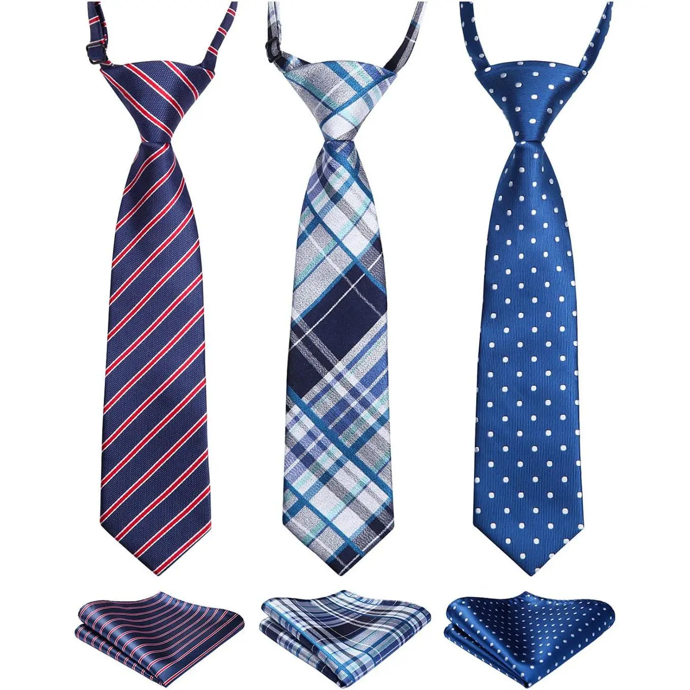 Boys' 3-Piece Tie Set, Pre-Tied Tie and Pocket Square Set, Includes Neck Tie, Suitable for Children Aged 8-14