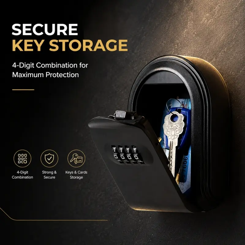 Wall-Mounted Password Key Storage Box. 4-digit combination for reliable security, safely holds multiple keys and room cards.