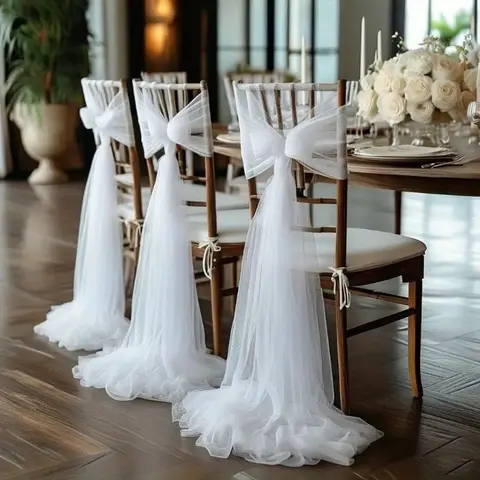 10pcs Elegant Transparent Mesh Ribbon Chair Decor, Chair Sashes, 100% Polyester, Ideal for Hotels, Halls, Weddings, Parties, Indoor Seat Decoration