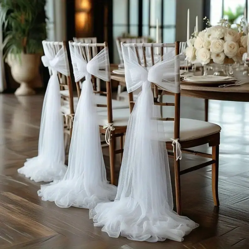10pcs Elegant Transparent Mesh Ribbon Chair Decor, 100% Polyester, Ideal for Hotels, Halls, Weddings, Parties, Indoor Seat Decoration