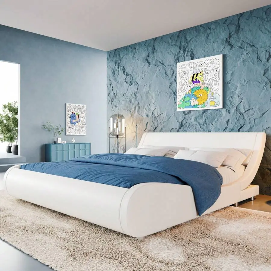 Upholstered Full/Queen/Size Platform Bed Frame Modern Low Sleigh Bed With Faux Leather Adjustable Headboard, Wood Slat Support, Easy Assembly, No Box Needed, Black/White/Black And White * Bed Frame Queen Queen Bed Frame Bed Frame Full Full Size Bed Frame